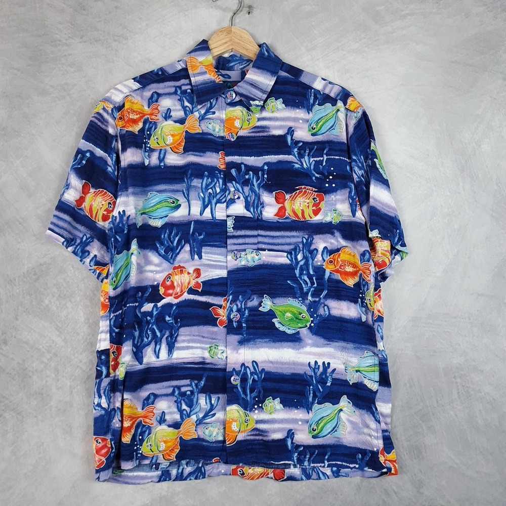 VINTAGE Jams World Shirt Mens Small Blue Kissing Fish Hawaiian Made USA 90s